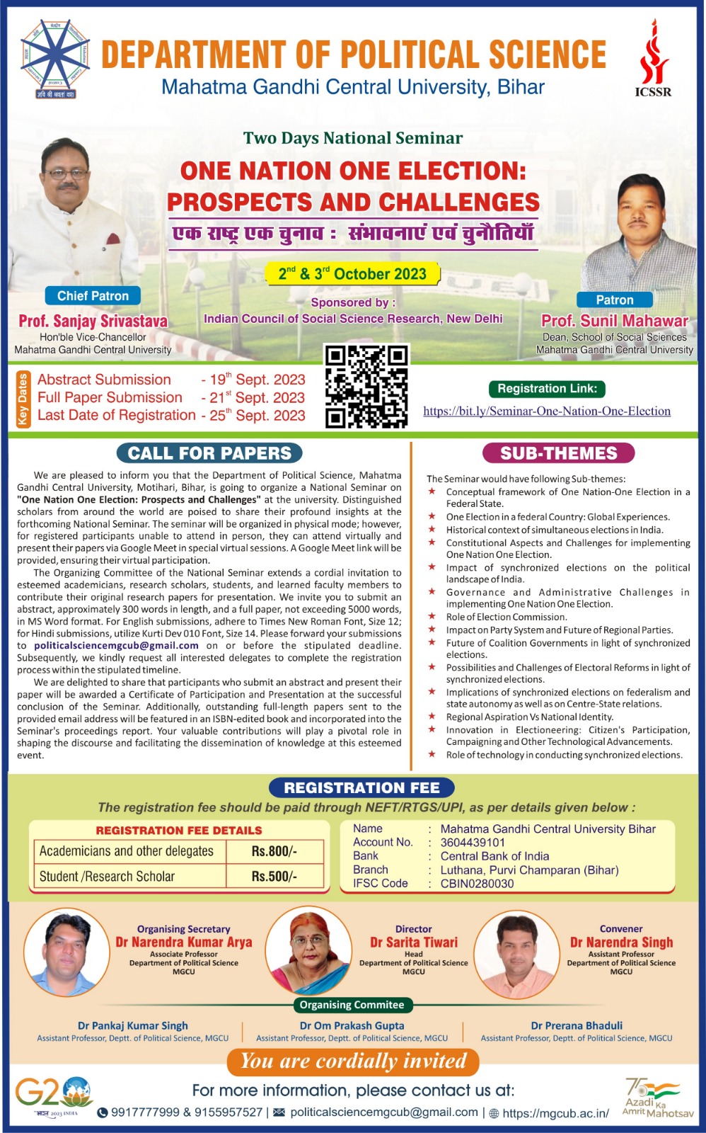 Two days  National  Seminar  on One  Nation  One  Election: Prospects  and  Challenges organize by Department  of  Political  Science, MGCUB