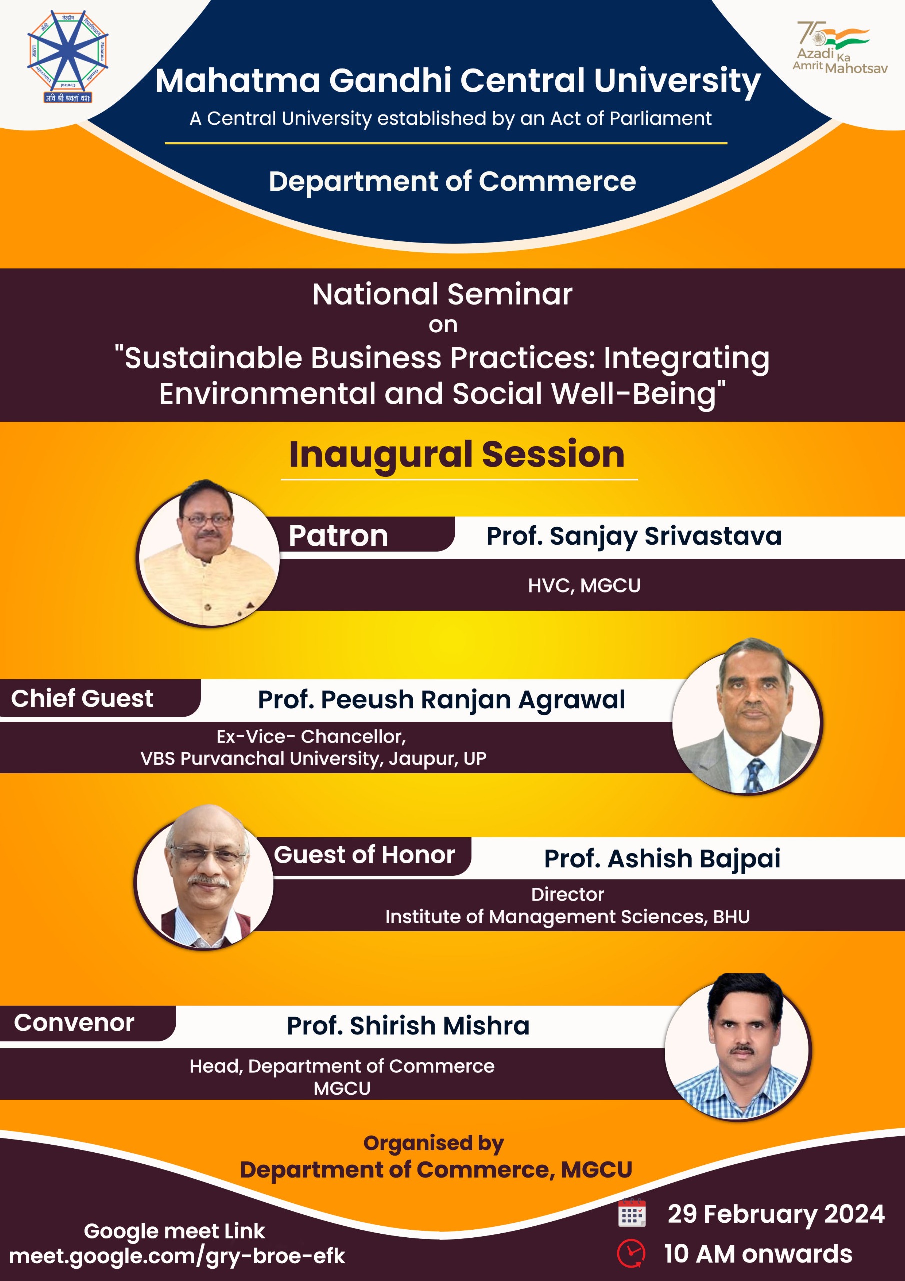 Inaugural Session of National Seminar on "Sustainable Business Practices: Integrating Environmental and Social Well-Being," organised by the Department of Commerce